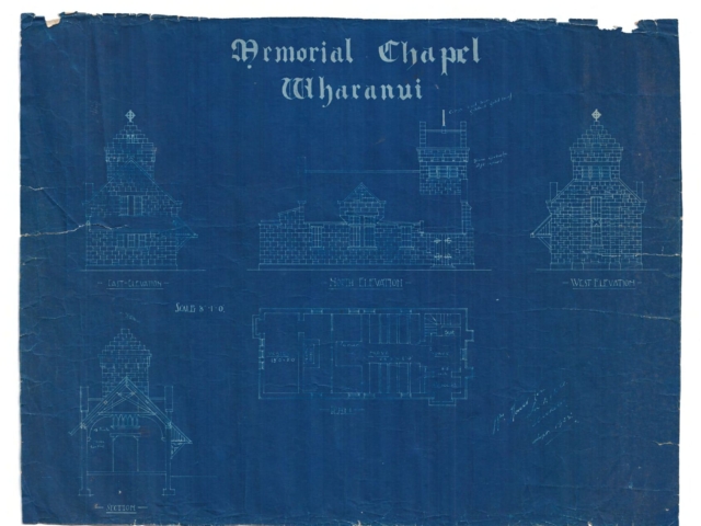 Historic blueprint of Memorial Chapel Wharanui showing architectural elevations and floor plan for heritage wedding venue ceremonies