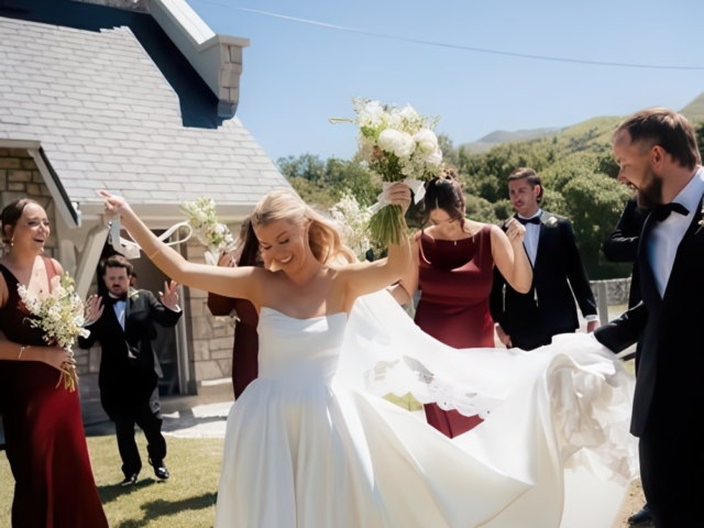 Joyful bride twirling in white gown outside heritage stone chapel with guests, mountains backdrop, perfect wedding venue ceremony moment