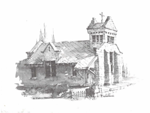 Historic sketch of St Oswald's Anglican Church in Whaganui, a charming heritage wedding venue with stone architecture and classic chapel design.